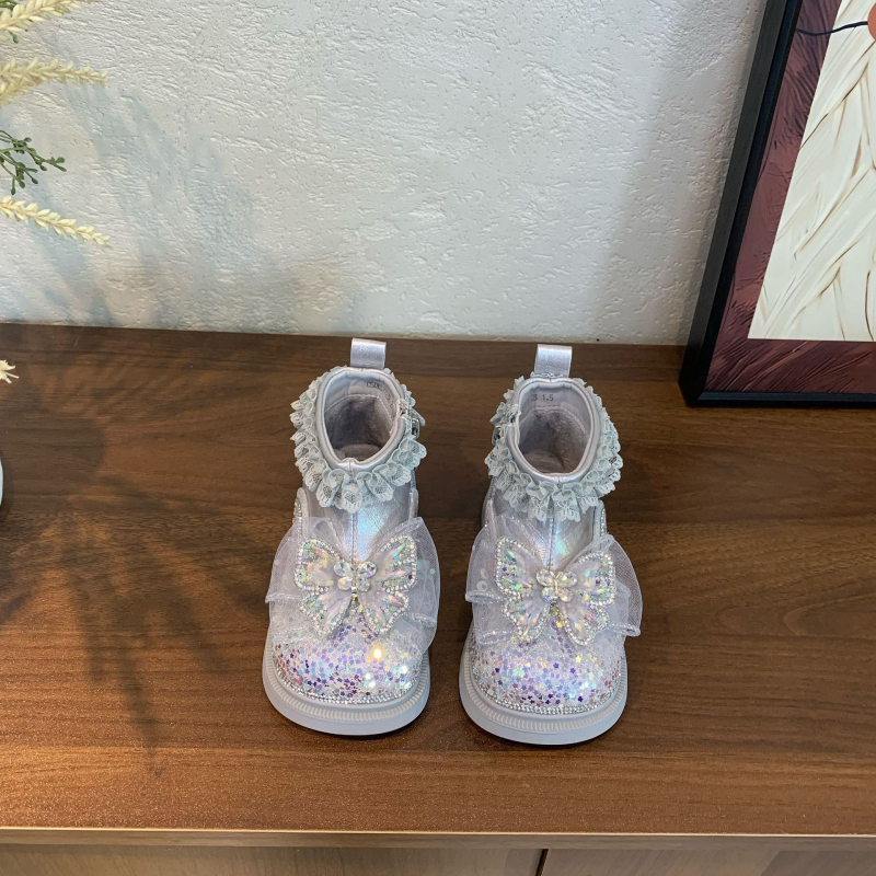 Ghete de iarnă pentru fete, stil prințesă, dantelă, funda, fermoar lateral, talpă din cauciuc