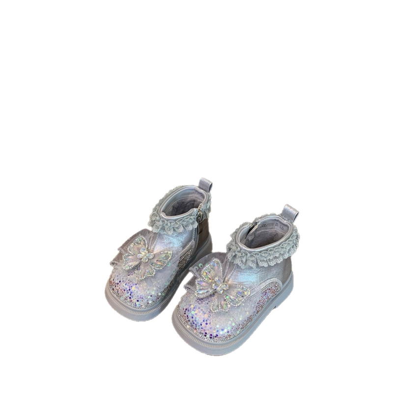 Ghete de iarnă pentru fete, stil prințesă, dantelă, funda, fermoar lateral, talpă din cauciuc