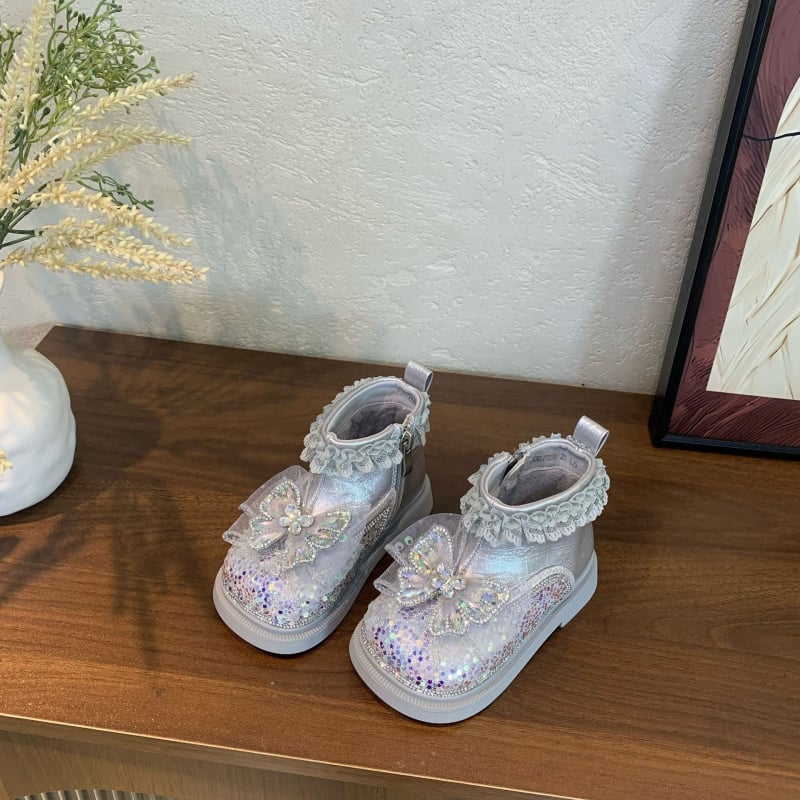 Ghete de iarnă pentru fete, stil prințesă, dantelă, funda, fermoar lateral, talpă din cauciuc