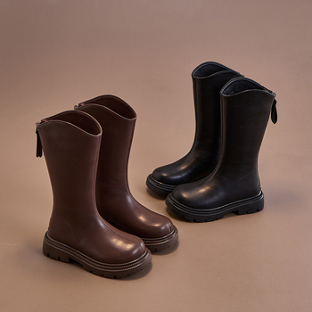 Детски високи ботуши за момичета, корейски стил принцеса, зима 2025, горна част от раздвоена кожа, гумена подметка, подплата от изкуствен косъм, заден цип, за възраст 4-16