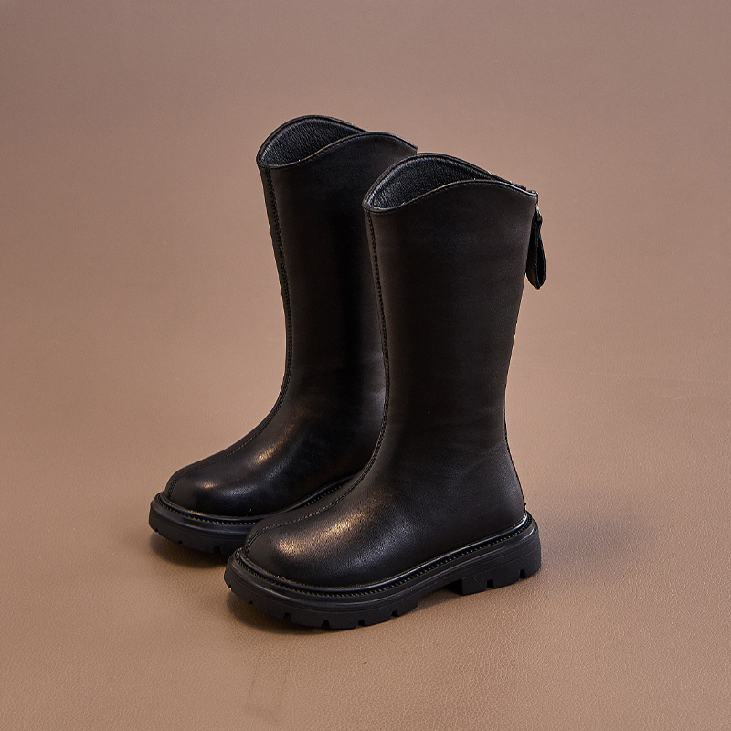 Детски високи ботуши за момичета, корейски стил принцеса, зима 2025, горна част от раздвоена кожа, гумена подметка, подплата от изкуствен косъм, заден цип, за възраст 4-16