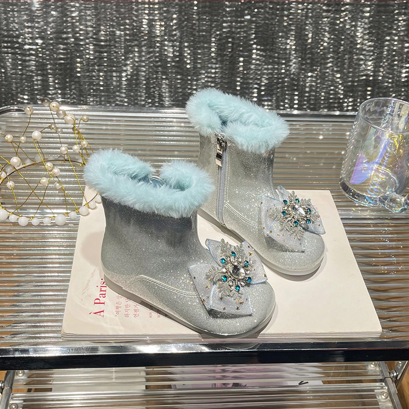 Dievčenské módne čižmy s krištálmi, štýl princezny, vrchná časť z mikrovlákna, gumová podrážka, bočný zips, nízky svršok