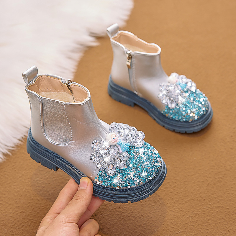 Detské čižmy pre dievčatá - Motív kreslená princezná, flísová výstelka, vrchná časť z umelej kože, bočný zips, PVC podrážka