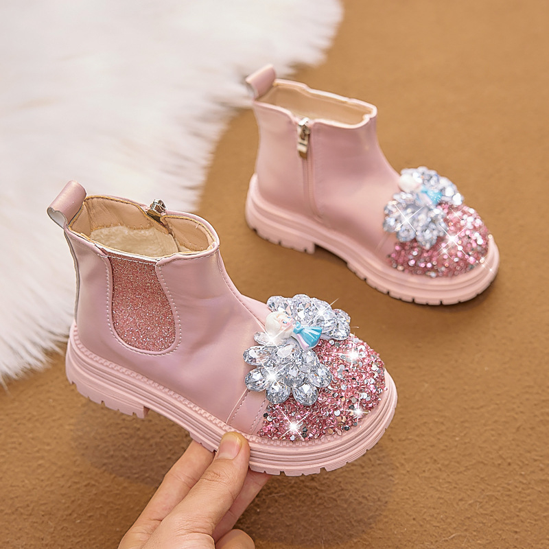 Detské čižmy pre dievčatá - Motív kreslená princezná, flísová výstelka, vrchná časť z umelej kože, bočný zips, PVC podrážka