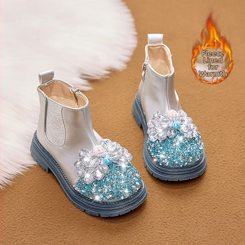 Detské čižmy pre dievčatá - Motív kreslená princezná, flísová výstelka, vrchná časť z umelej kože, bočný zips, PVC podrážka