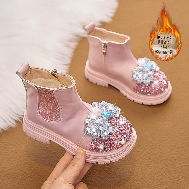 Detské čižmy pre dievčatá - Motív kreslená princezná, flísová výstelka, vrchná časť z umelej kože, bočný zips, PVC podrážka