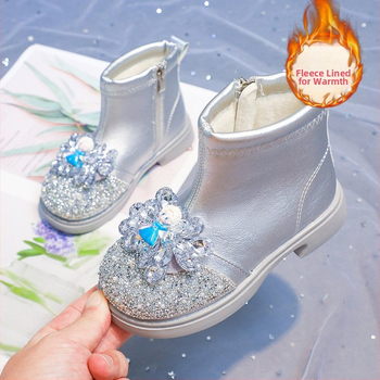 Dječje čizme za djevojčice, stil princeze, zima 2024, gornji dio od umjetne kože, gumeni đon, bočni zatvarač, karikaturni uzorak, za uzrast 4–6 godina