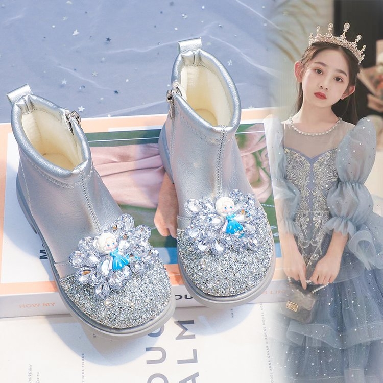 Dječje čizme za djevojčice, stil princeze, zima 2024, gornji dio od umjetne kože, gumeni đon, bočni zatvarač, karikaturni uzorak, za uzrast 4–6 godina