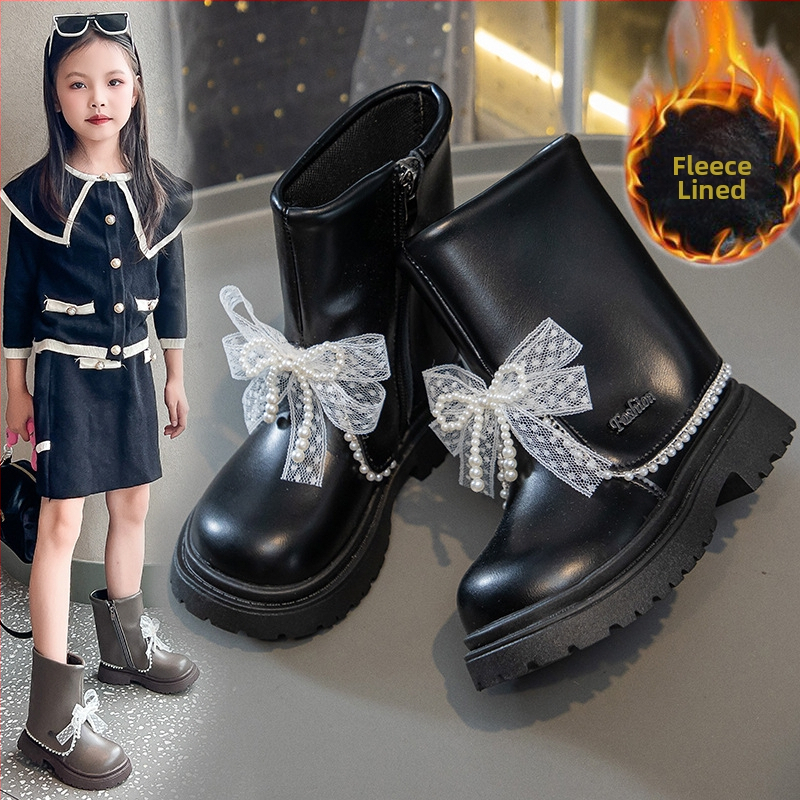 Ghete pentru fetițe, căptușite cu catifea, înălțime medie, iarnă, fermoar lateral, talpă din cauciuc antiderapant