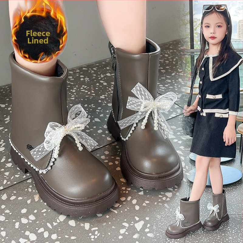 Ghete pentru fetițe, căptușite cu catifea, înălțime medie, iarnă, fermoar lateral, talpă din cauciuc antiderapant