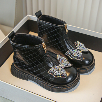 Ghete Martin pentru fete, fermoar frontal, partea superioară PU, înălțime medie a gambei, talpă din cauciuc, impermeabile.