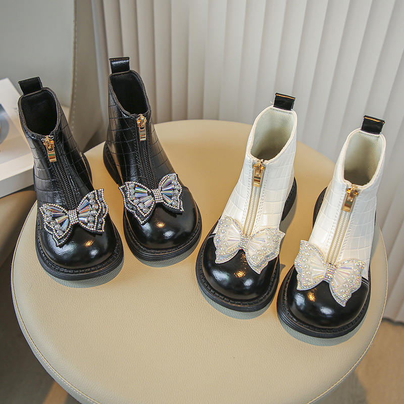 Ghete Martin pentru fete, fermoar frontal, partea superioară PU, înălțime medie a gambei, talpă din cauciuc, impermeabile.