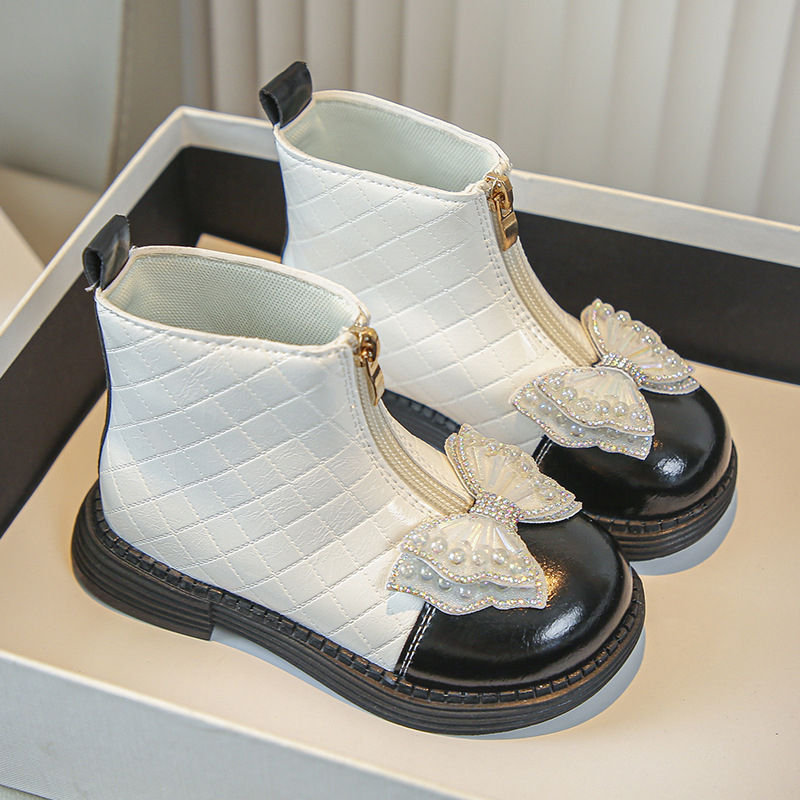 Ghete Martin pentru fete, fermoar frontal, partea superioară PU, înălțime medie a gambei, talpă din cauciuc, impermeabile.