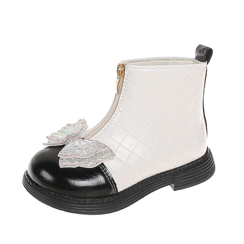 Ghete Martin pentru fete, fermoar frontal, partea superioară PU, înălțime medie a gambei, talpă din cauciuc, impermeabile.