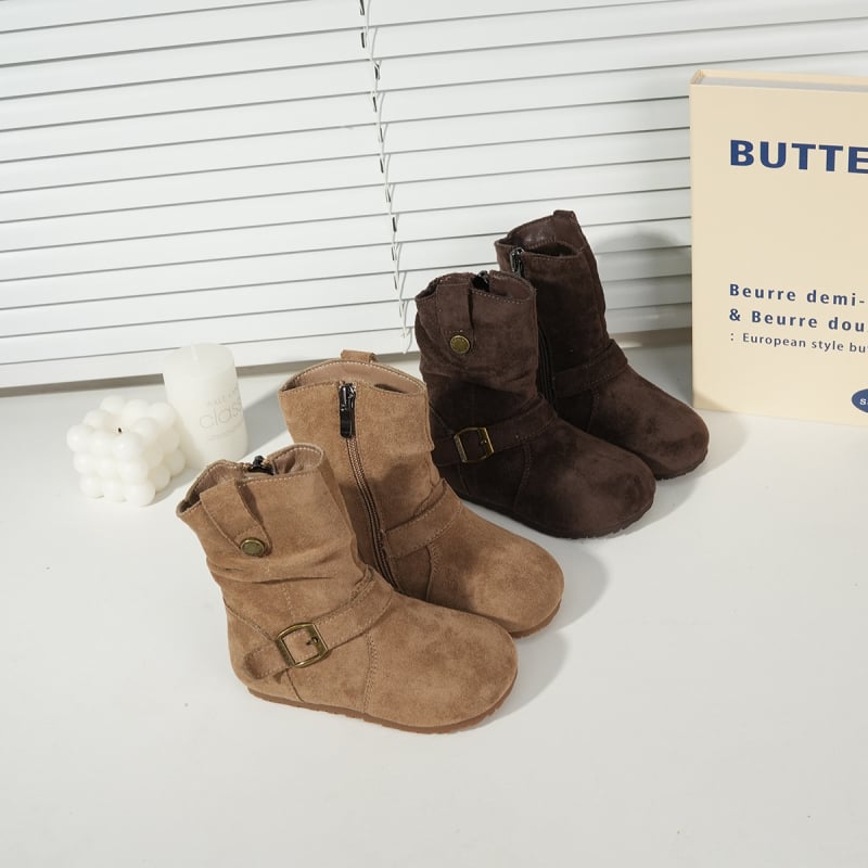 Botosei de iarnă pentru fete 1–3 ani – piele nubuk de vițel, fermoar lateral, talpă din cauciuc, pentru toamnă-iarnă 2025