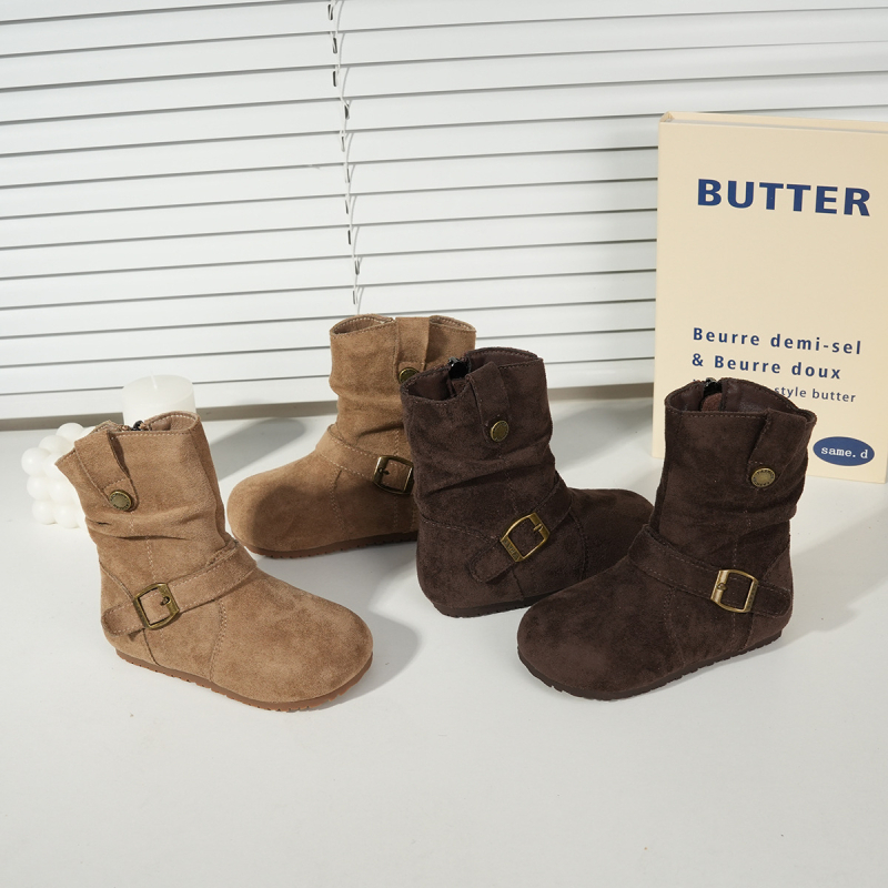 Botosei de iarnă pentru fete 1–3 ani – piele nubuk de vițel, fermoar lateral, talpă din cauciuc, pentru toamnă-iarnă 2025