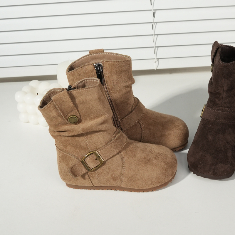 Botosei de iarnă pentru fete 1–3 ani – piele nubuk de vițel, fermoar lateral, talpă din cauciuc, pentru toamnă-iarnă 2025