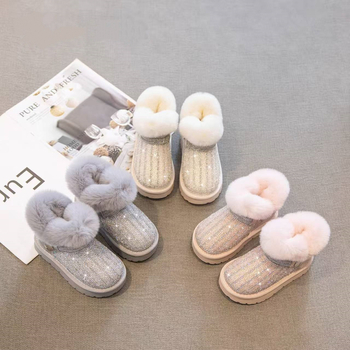 Dječje snježne čizme u korejskom stilu s perlama i rhinestones, podstavljene umjetnim krznom, tople, protuklizna gumena potplata, gornji dio od umjetne kože, srednja visina čizme