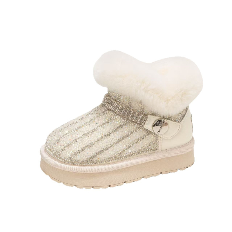Dječje snježne čizme u korejskom stilu s perlama i rhinestones, podstavljene umjetnim krznom, tople, protuklizna gumena potplata, gornji dio od umjetne kože, srednja visina čizme