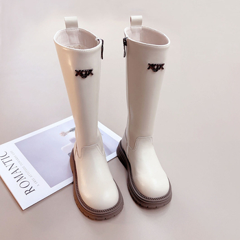 Cizme până la genunchi pentru fetițe, exterior din piele + sintetice; talpă din cauciuc; branț din blană artificială; fermoar lateral; înălțime înaltă; Toamnă/Iarnă 2025