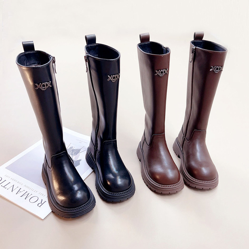 Cizme până la genunchi pentru fetițe, exterior din piele + sintetice; talpă din cauciuc; branț din blană artificială; fermoar lateral; înălțime înaltă; Toamnă/Iarnă 2025