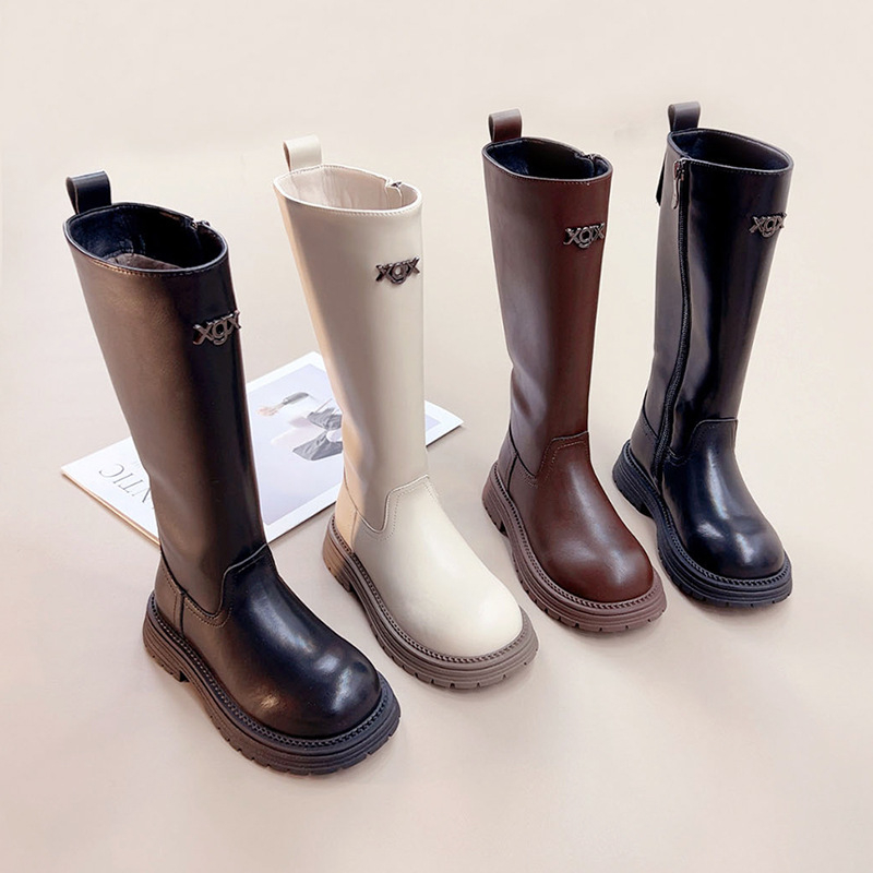 Cizme până la genunchi pentru fetițe, exterior din piele + sintetice; talpă din cauciuc; branț din blană artificială; fermoar lateral; înălțime înaltă; Toamnă/Iarnă 2025