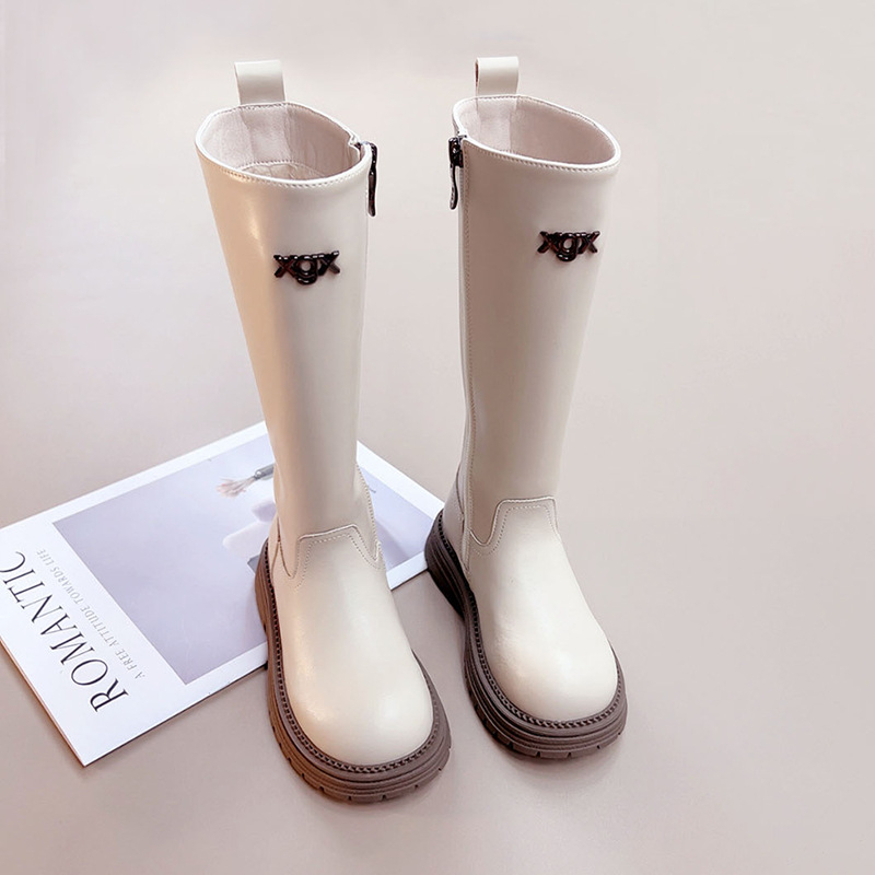 Cizme până la genunchi pentru fetițe, exterior din piele + sintetice; talpă din cauciuc; branț din blană artificială; fermoar lateral; înălțime înaltă; Toamnă/Iarnă 2025