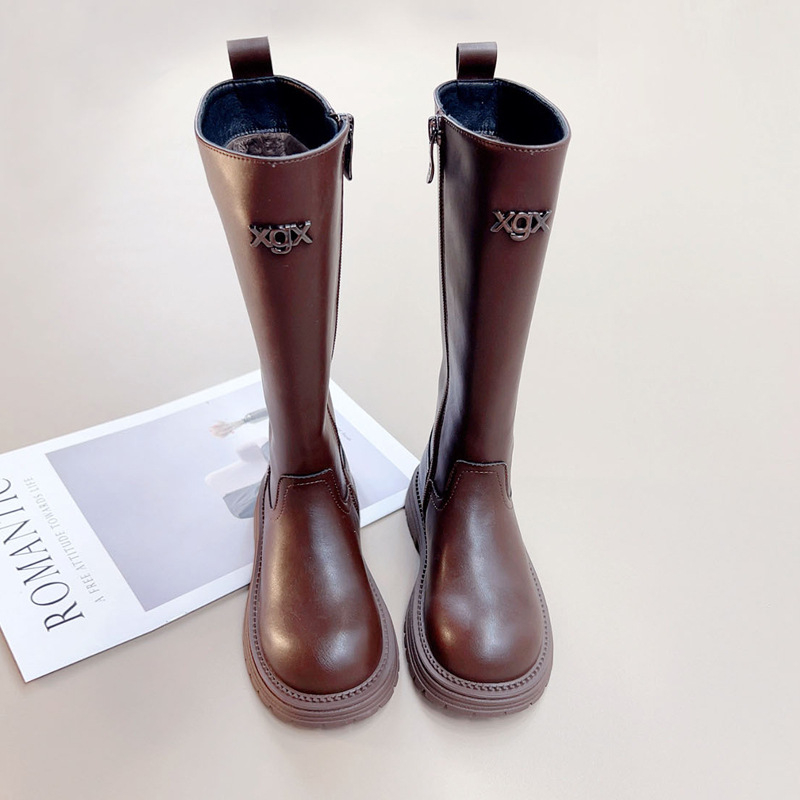 Cizme până la genunchi pentru fetițe, exterior din piele + sintetice; talpă din cauciuc; branț din blană artificială; fermoar lateral; înălțime înaltă; Toamnă/Iarnă 2025