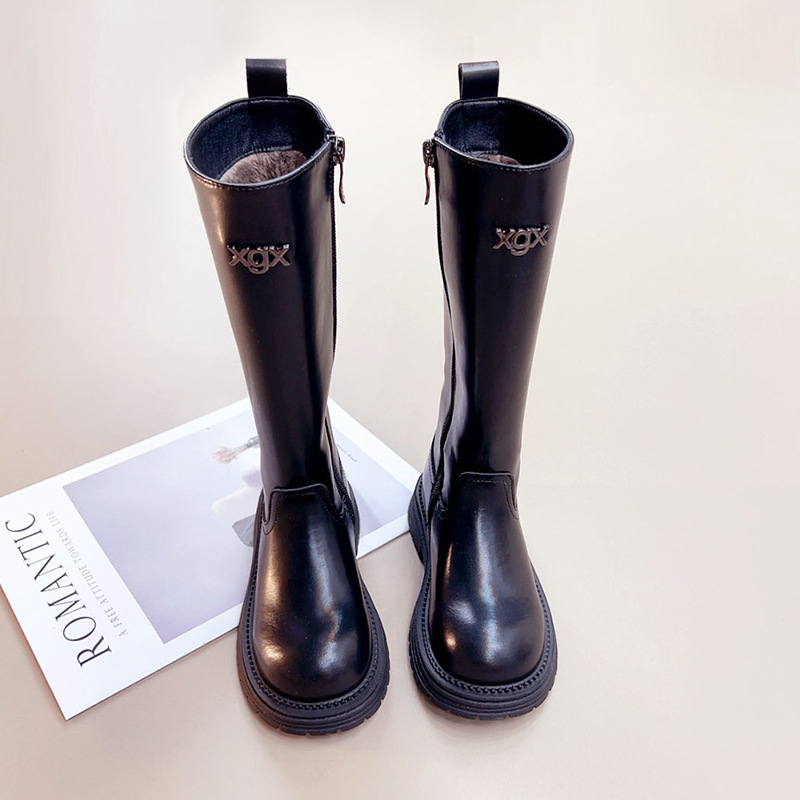 Cizme până la genunchi pentru fetițe, exterior din piele + sintetice; talpă din cauciuc; branț din blană artificială; fermoar lateral; înălțime înaltă; Toamnă/Iarnă 2025