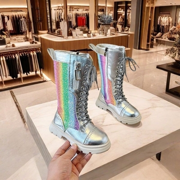 Dječje čizme do koljena | Gornji dio od umjetne kože | Mrežasti uzorak | Bočni zatvarač | Gumeni potplat