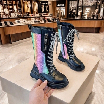 Dječje čizme do koljena | Gornji dio od umjetne kože | Mrežasti uzorak | Bočni zatvarač | Gumeni potplat