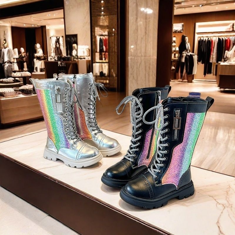 Dječje čizme do koljena | Gornji dio od umjetne kože | Mrežasti uzorak | Bočni zatvarač | Gumeni potplat