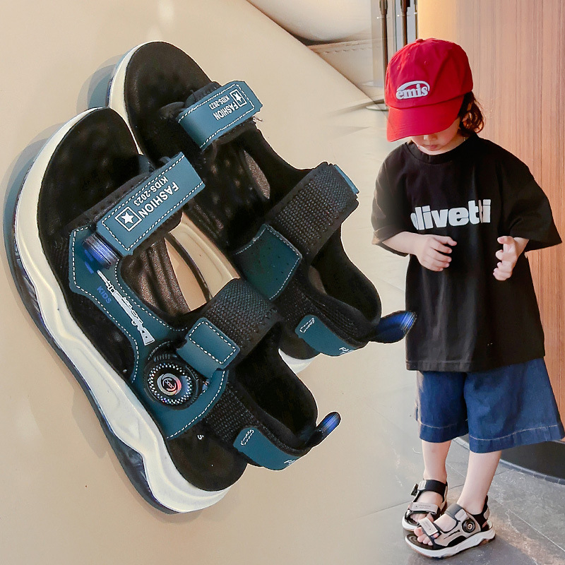 Sandale sportive pentru băieți, vara 2025, partea superioară din piele artificială, talpă din cauciuc, închidere cu buton rotativ, pentru copii 1–12 ani