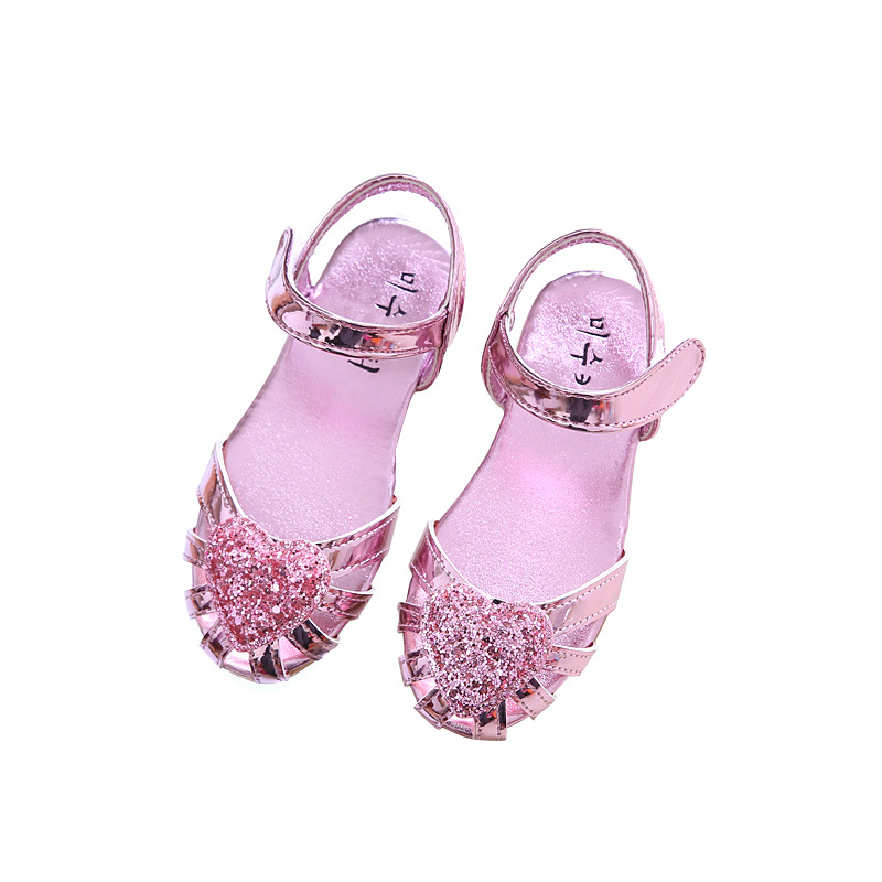 Dječje plažne sandale s šljokicama i srcolikim motivom, zatvoren nos, Velcro kopča, gumeni potplat