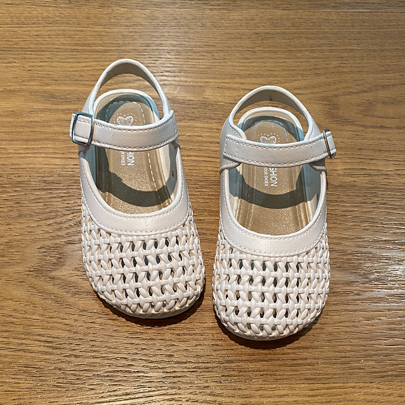 Dječje sandale za djevojčice s otvorenim prednjim dijelom i pletenim dizajnom, ljetni korejski stil, zatvaranje na Velcro, mekani protuklizni đon