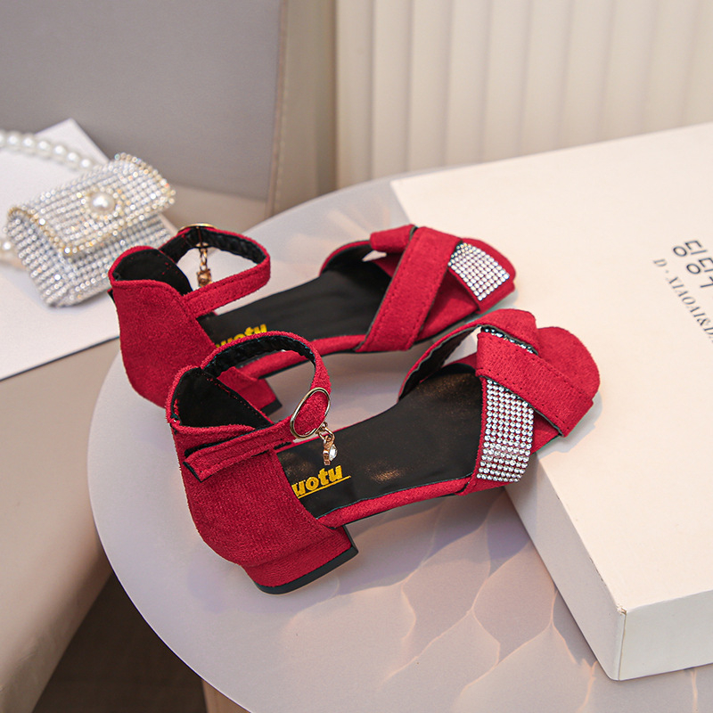 Hercegnő magas sarkú szandálok lányoknak, textil felsőrész, gumírozott talp, tépőzár, őszi 2025, 1-16 éves korosztály