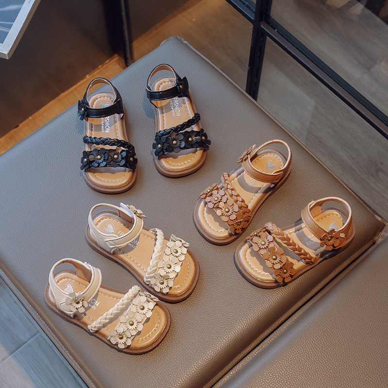 Sandale cu flori pentru fete, stil coreean, închidere Velcro, partea superioară din piele artificială, talpă PVC, pentru vârsta 1-12 ani, vara 2023