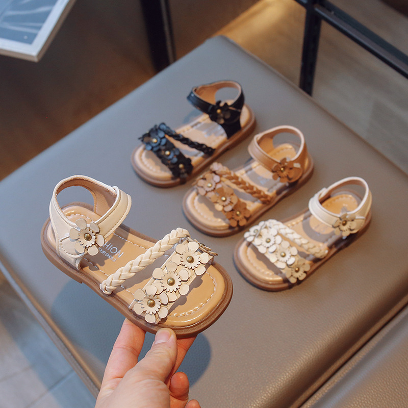 Sandale cu flori pentru fete, stil coreean, închidere Velcro, partea superioară din piele artificială, talpă PVC, pentru vârsta 1-12 ani, vara 2023