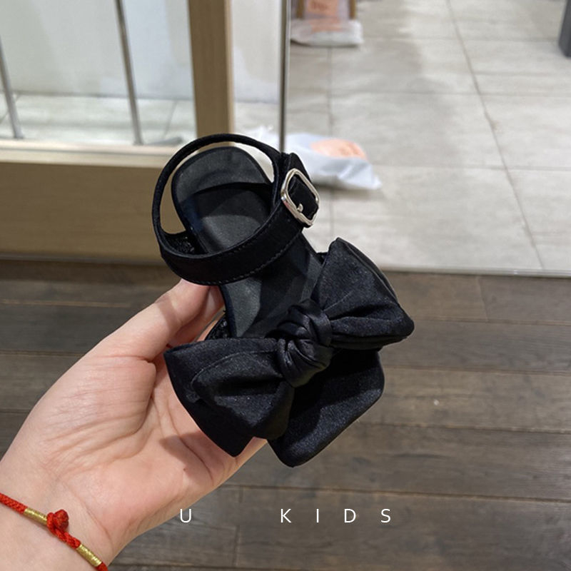 Sandale fete satinate cu fundă, Velcro - vârf drept, partea superioară din material textil, talpă din cauciuc, pentru 4-6 ani