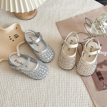 Princezne sandale za djevojčice s mrežastim gornjim dijelom, rhinestones ukrasi, gornji dio od umjetne kože, PU đon, kopča na Velcro