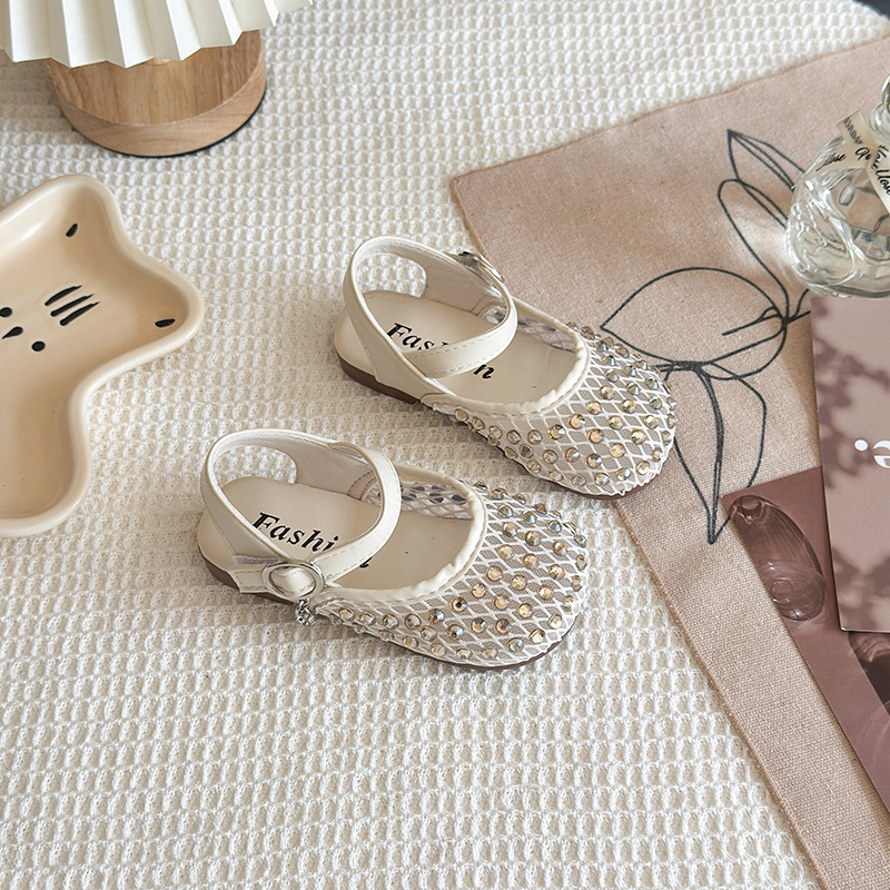 Princezne sandale za djevojčice s mrežastim gornjim dijelom, rhinestones ukrasi, gornji dio od umjetne kože, PU đon, kopča na Velcro