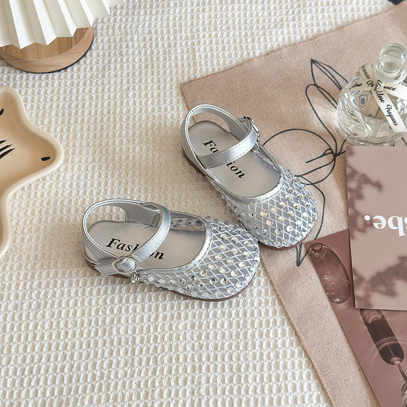 Princezne sandale za djevojčice s mrežastim gornjim dijelom, rhinestones ukrasi, gornji dio od umjetne kože, PU đon, kopča na Velcro