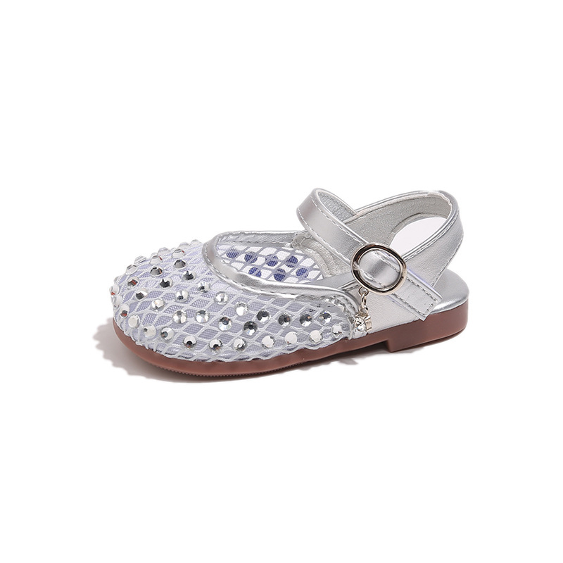 Princezne sandale za djevojčice s mrežastim gornjim dijelom, rhinestones ukrasi, gornji dio od umjetne kože, PU đon, kopča na Velcro