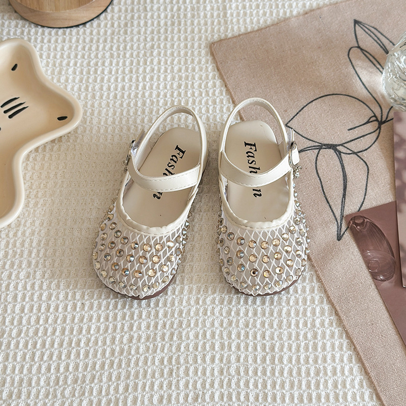 Princezne sandale za djevojčice s mrežastim gornjim dijelom, rhinestones ukrasi, gornji dio od umjetne kože, PU đon, kopča na Velcro