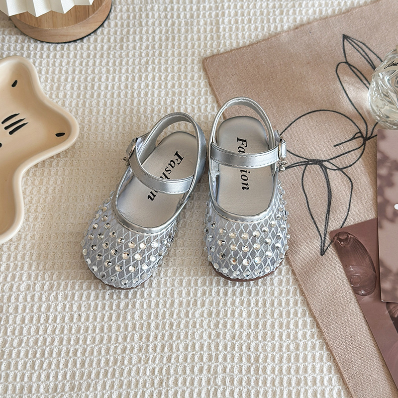 Princezne sandale za djevojčice s mrežastim gornjim dijelom, rhinestones ukrasi, gornji dio od umjetne kože, PU đon, kopča na Velcro