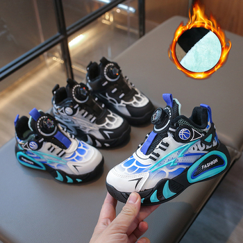 Dječje tenisice s fleece unutarnjom, zimske svakodnevne tenisice s okretno zatvaranje gumom, PU gornji dio, gumena potplat, protuklizne