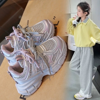 Pantofi sport unisex pentru copii în stil Dad Shoes – partea superioară din PU+mesh, talpă din cauciuc, șireturi în față, primăvară-toamnă 2025, casual zilnic