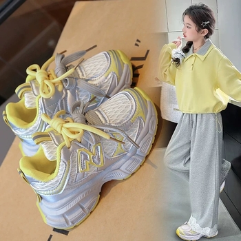 Pantofi sport unisex pentru copii în stil Dad Shoes – partea superioară din PU+mesh, talpă din cauciuc, șireturi în față, primăvară-toamnă 2025, casual zilnic