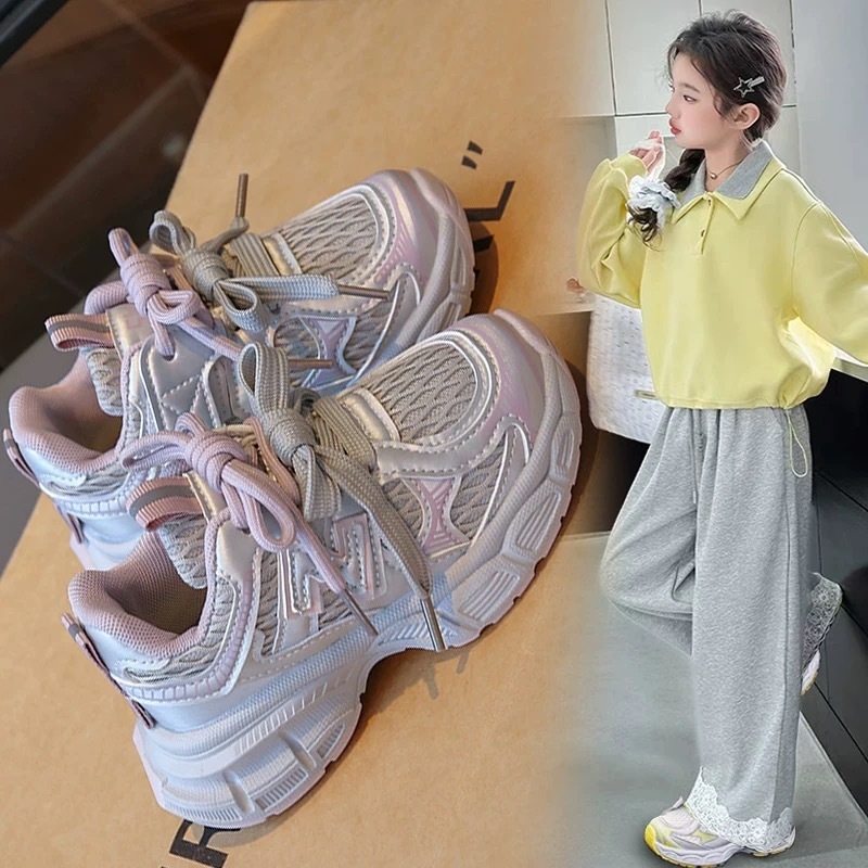 Pantofi sport unisex pentru copii în stil Dad Shoes – partea superioară din PU+mesh, talpă din cauciuc, șireturi în față, primăvară-toamnă 2025, casual zilnic