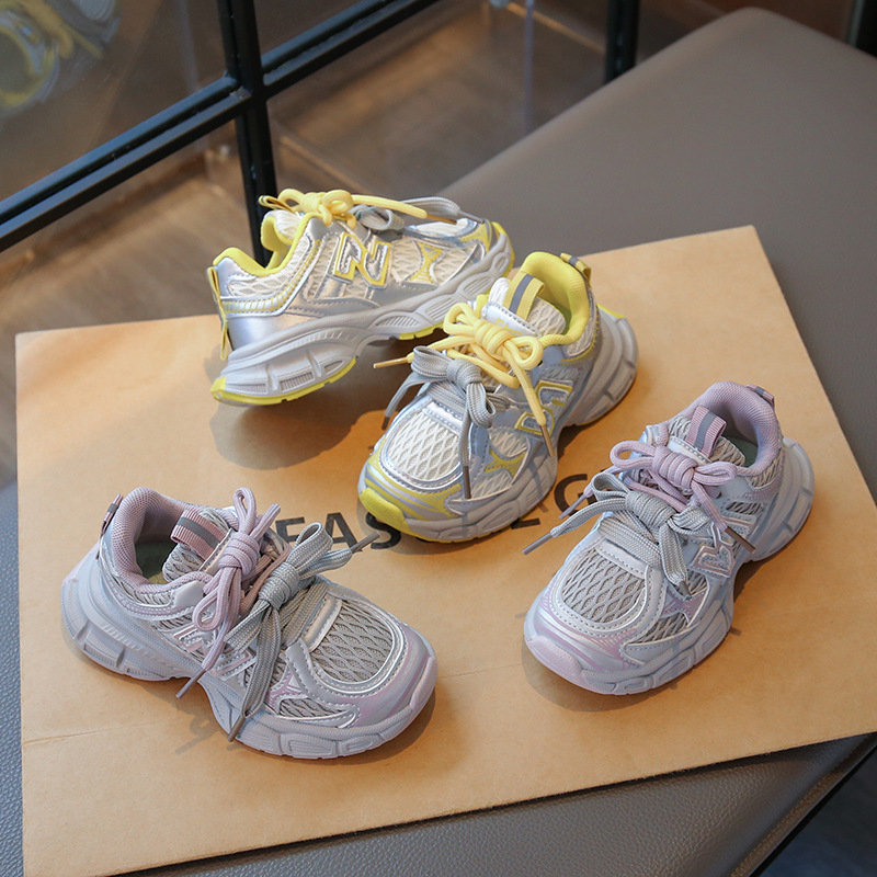 Pantofi sport unisex pentru copii în stil Dad Shoes – partea superioară din PU+mesh, talpă din cauciuc, șireturi în față, primăvară-toamnă 2025, casual zilnic